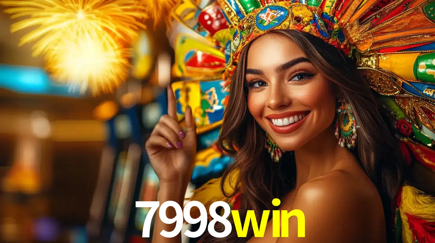 Mulher sorridente com um cocar de carnaval vibrante e colorido, celebrando uma grande vitória nos jogos do cassino 7998win com fogos de artifício ao fundo.
