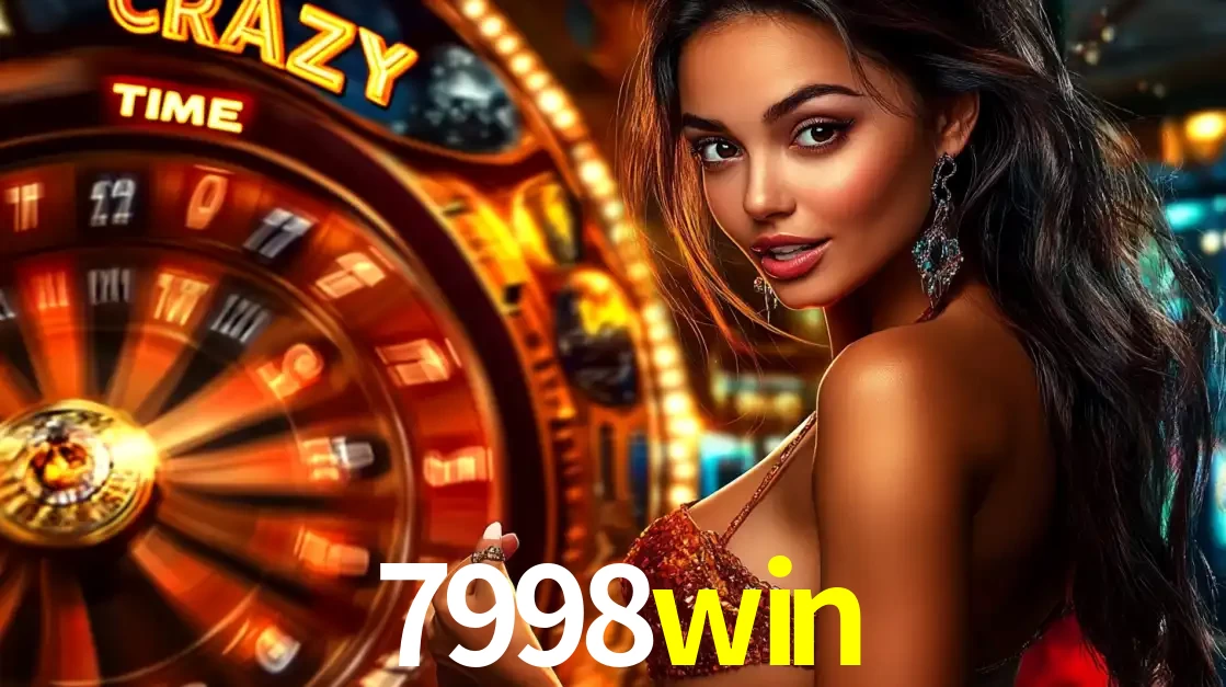 Mulher ao lado da roda de prêmios do jogo de cassino ao vivo Crazy Time, um dos shows de jogos mais emocionantes oferecidos pela plataforma de apostas 7998win.