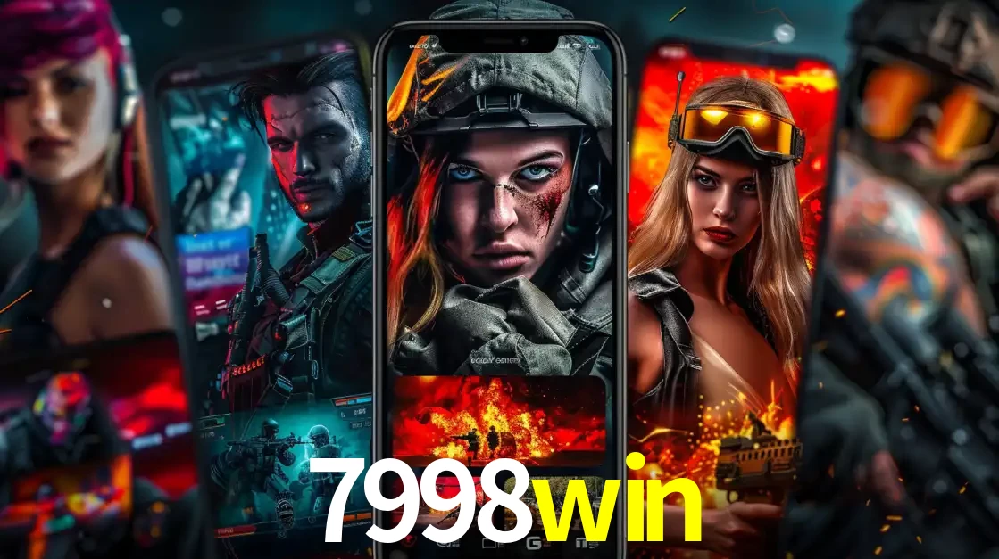 Montagem de telas de celular mostrando diversos personagens, masculinos e femininos, de um jogo de tiro, ilustrando a diversidade de equipes de e-sports para apostar no 7998win.