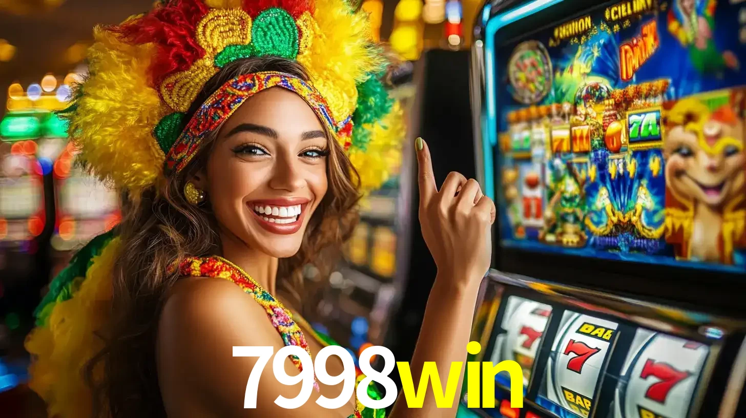 Mulher animada com um cocar de carnaval apontando para uma máquina de caça-níqueis, mostrando a emoção de ganhar um grande prêmio nos jogos do 7998win.