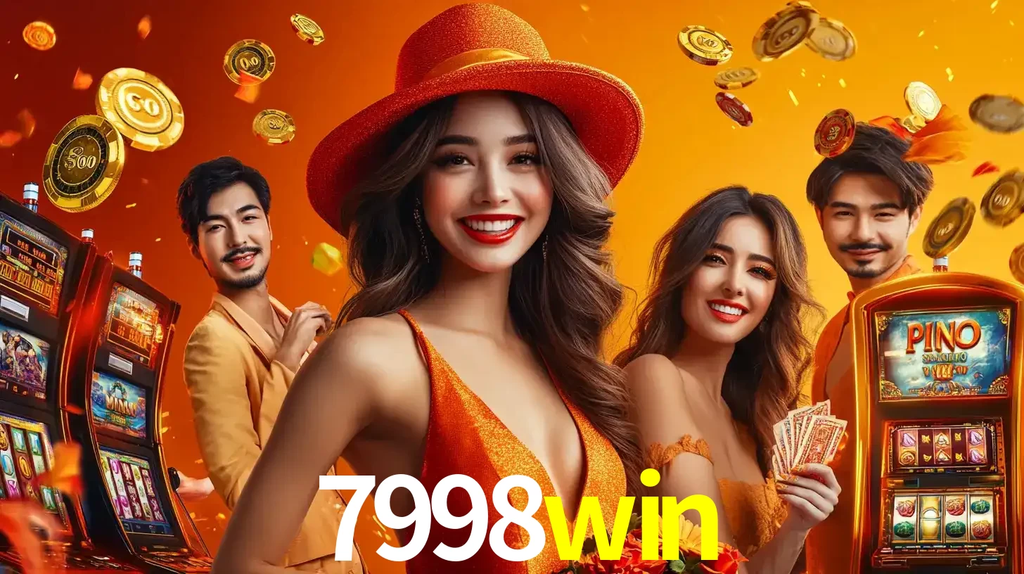 Grupo de amigos asiáticos sorrindo e se divertindo com máquinas de caça-níqueis em um ambiente festivo, celebrando suas vitórias nos jogos de cassino do 7998win.