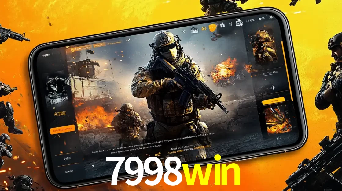 Um smartphone exibindo a interface de um jogo de tiro em primeira pessoa, com um soldado em um cenário de batalha, representando a ação dos e-sports para apostar no 7998win.