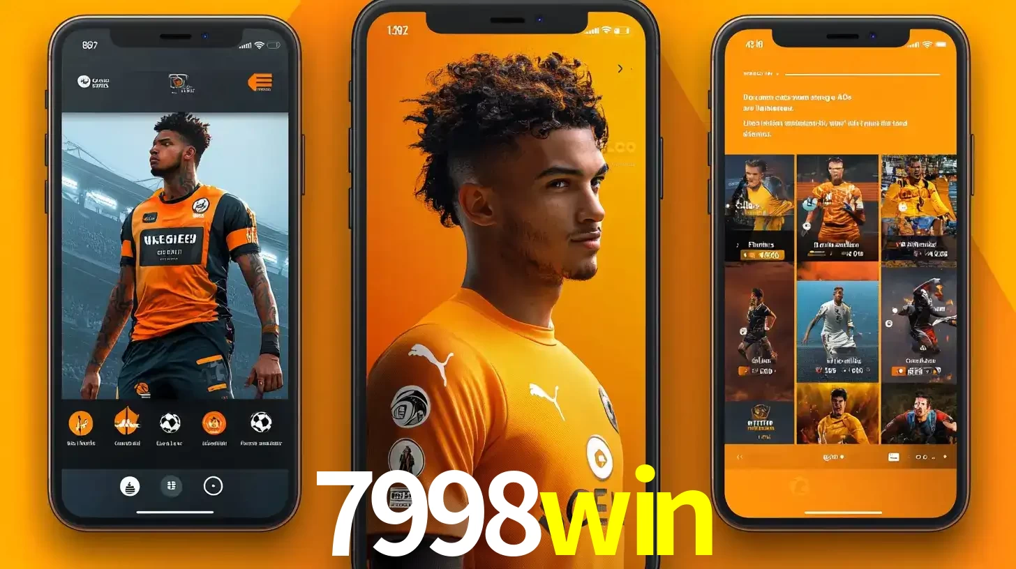 Interface do aplicativo de apostas esportivas 7998win em três telas de celular, mostrando o perfil de um jogador de futebol e a lista de jogos disponíveis para apostar.