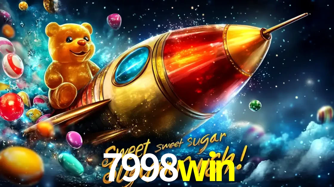 Arte promocional do jogo de slot Sugar Rush, com um urso de pelúcia em um foguete viajando pelo espaço de doces, um dos jogos divertidos disponíveis no cassino 7998win.