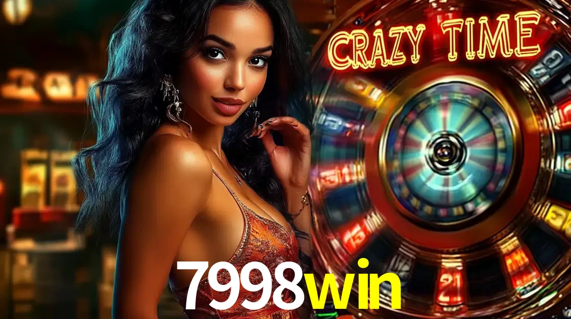 Mulher elegante ao lado da vibrante roda da fortuna do jogo de cassino ao vivo Crazy Time, um dos game shows mais populares e cheios de prêmios do 7998win.