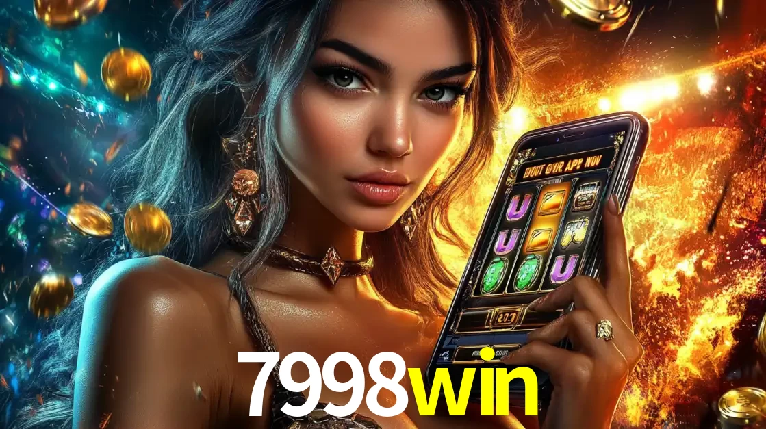 Mulher elegante mostrando um jogo de caça-níqueis em seu smartphone, destacando a experiência de cassino móvel oferecida pelo aplicativo 7998win.