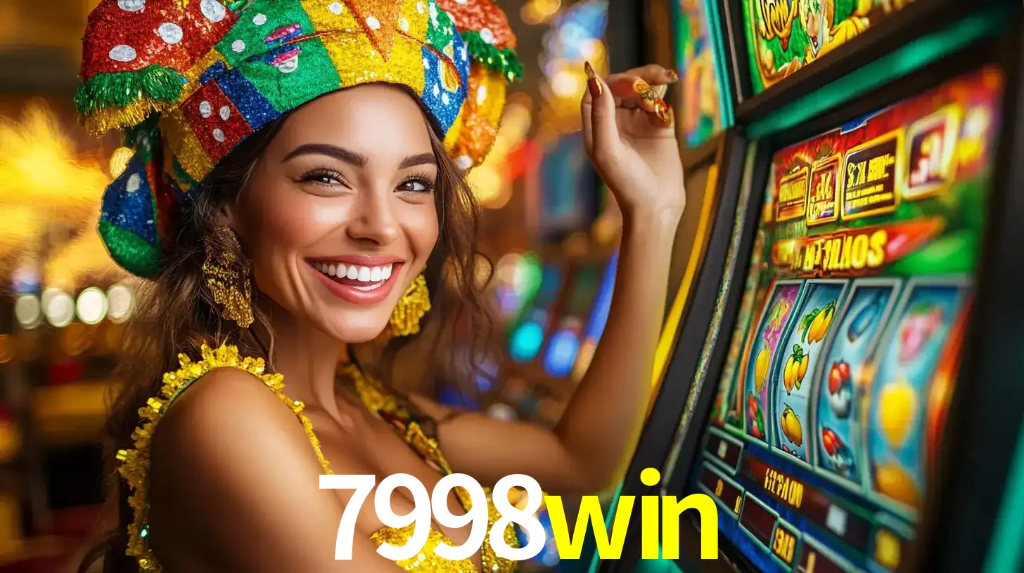Mulher feliz com traje de carnaval amarelo e colorido ao lado de uma máquina de caça-níqueis, aproveitando a diversão e os jogos temáticos do cassino 7998win.