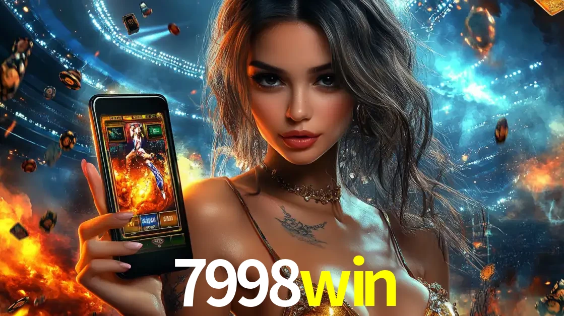 Mulher segurando um celular com um jogo de slot em destaque, tendo como fundo um estádio vibrante, simbolizando a emoção de jogar no cassino móvel 7998win.
