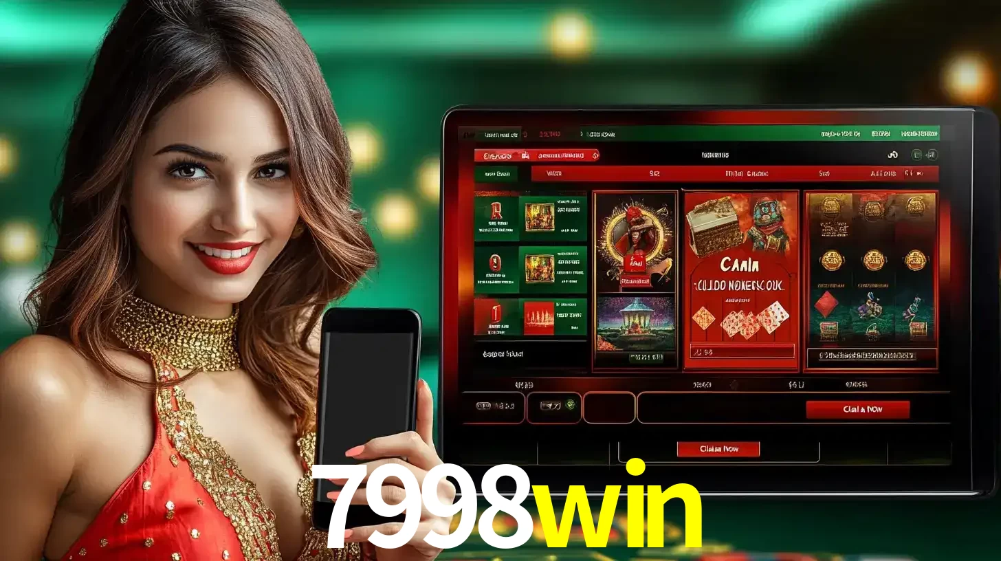 Mulher sorridente segurando um smartphone, ao lado de uma tela exibindo o lobby de jogos do cassino online 7998win, com várias opções de jogos de cartas e slots.